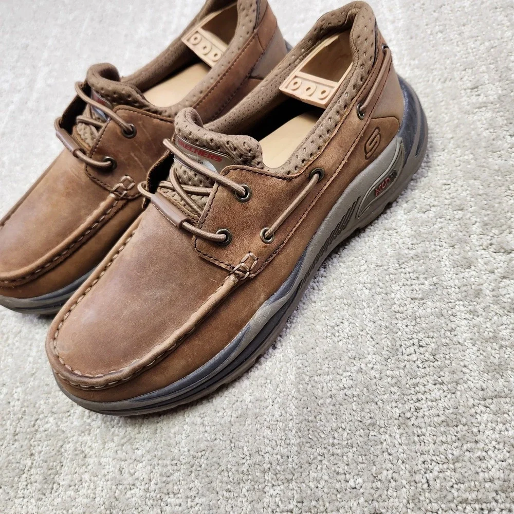 Skechers Arch Fit Motley Shoes Men's 7.5 Desert Brown Leather Hosco Boat 204179